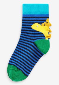 Gestreifte Socke mit einem blauen und schwarzen Design, einer grünen Spitze und einem gelben Dinosaurier-Akzent an der Seite. Hergestellt aus weichem, gewebtem Stoff.
