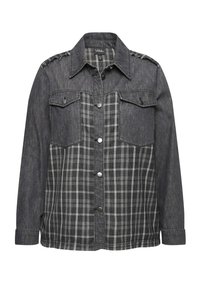 Jeanshemd mit einem dunkelgrauen, einfarbigen Oberteil und einem schwarz-weißen Karomuster am unteren Teil. Besitzt Knopfverschluss, Brusttaschen und Schulterdetails.
