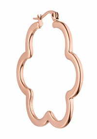 Roségoldene Metall-Ohrringe in einer wellenförmigen, blumigen Form mit polierter Oberfläche. Sie verfügen über einen Scharnierverschluss für sicheren Halt.