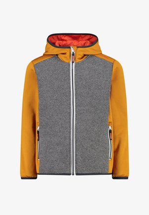 Huvtröja med en grå texturerad front och en klar orange baksida, med en central dragkedja och sidofickor med kontrasterande detaljer.