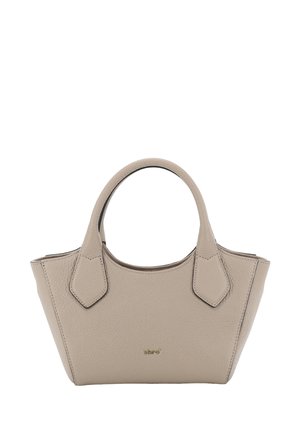 Beige textured leather handbag with double handles and small gold "abro" logo centered near the bottom.
