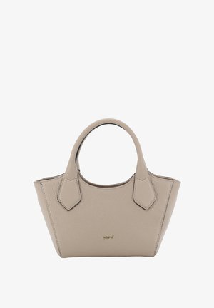 Beige textured leather handbag with double handles and small gold "abro" logo centered near the bottom.