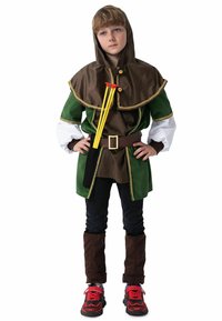Costume features a green and brown tunic with a hood, white sleeves, brown belt with gold buckle, dark pants, and red shoes. Includes arrows.