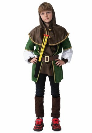 Costume features a green and brown tunic with a hood, white sleeves, brown belt with gold buckle, dark pants, and red shoes. Includes arrows.