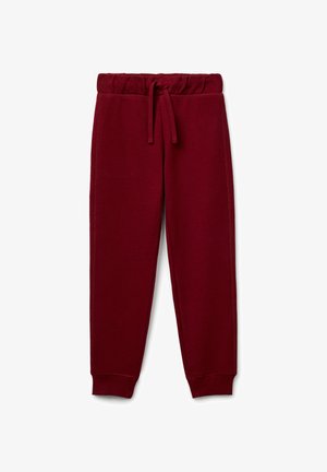 Pantalones deportivos burdeos hechos de tela suave con cintura elástica y cordón ajustable. Con puños acanalados y costuras laterales.