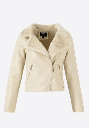 Veste en simili cuir beige avec un col en fourrure, fermeture éclair asymétrique à l'avant et deux poches latérales zippées. Texture lisse, design ajusté.