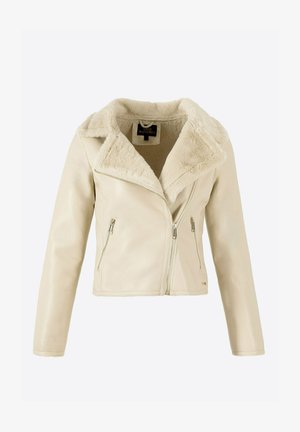 Beige Kunstlederjacke mit einem mit Fell gefütterten Kragen, asymmetrischem Frontreißverschluss und zwei seitlichen Reißverschlusstaschen. Glatte Textur, taillierte Passform.