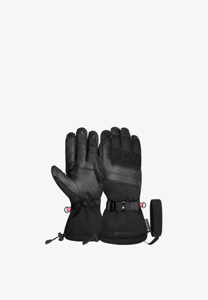 Black gloves made of leather and fabric with a textured surface, adjustable wrist strap, and elastic cuffs for insulation and a secure fit.