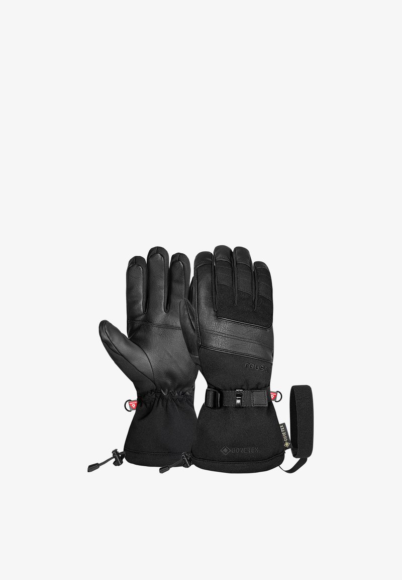 Schwarze Handschuhe aus Leder und Stoff mit strukturierten Oberflächen, verstellbarem Handgelenkband und elastischen Bündchen für Isolierung und einen sicheren Sitz.