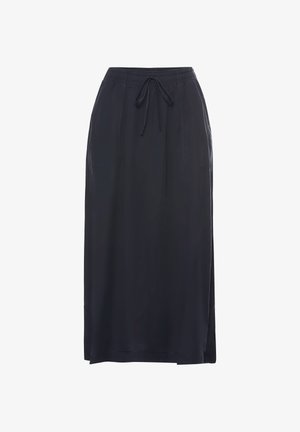 Zwarte midi-rok gemaakt van lichtgewicht stof, met een elastische tailleband met trekkoord, zijzakken en een losse pasvorm.