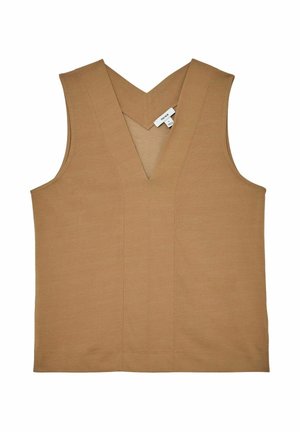 Ärmelloses, camelbraunes Top mit tiefem V-Ausschnitt und zentralen Nahtdetails, flach auf weißem Hintergrund liegend.