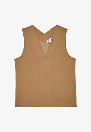 Ärmelloses, camelbraunes Top mit tiefem V-Ausschnitt und zentralen Nahtdetails, flach auf weißem Hintergrund liegend.