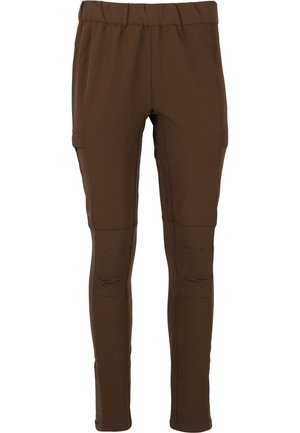 Bruine, rekbare cargo-broeken met een elastische tailleband, tapered pijpen, zijzakken en gestikte kniekeuzes voor comfort en mobiliteit.