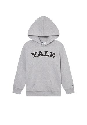 Gray hoodie with a front pocket and a curved hood. Features black "YALE" text across the chest, with ribbed cuffs and hem.