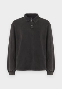 Long-sleeve polo shirt in dark gray fabric, featuring a classic collar, three-button placket, and ribbed cuffs. Soft texture with minimal design.