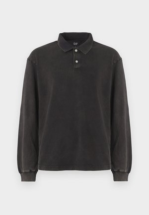 Langærmet polo skjorte i mørkegrå stof, der har en klassisk krave, placket med tre knapper og ribbede manchetter. Blød tekstur med minimalistisk design.
