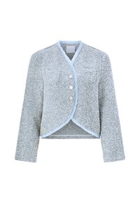 Világoskék, texturált dzseki rövidített szabással, két első zsebbel, három gombbal és kontrasztos fodros szegéllyel a széleken.