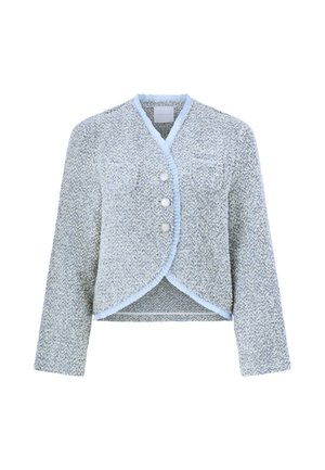 Giacca azzurro chiaro con texture, design corto, dotata di due tasche frontali, tre bottoni e un bordo arricciato a contrasto lungo i bordi.