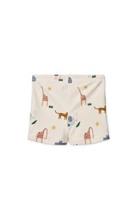 Children's swim shorts in cream with multicolored animal prints including giraffes, leopards, and elephants. Made from soft, stretchy material.