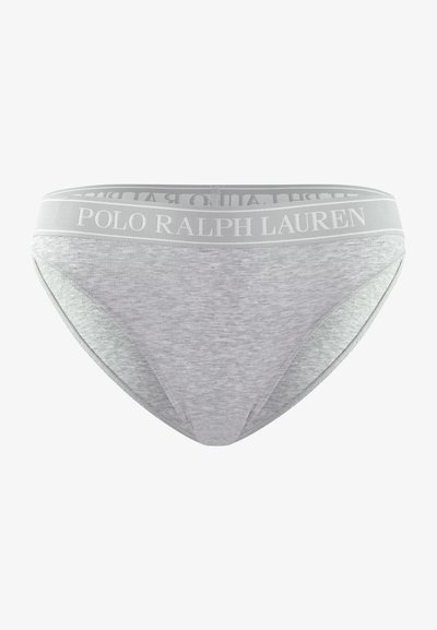 Siva bombažna bikini spodnja perila z gladko teksturo, ki ima mehak, elastičen pas, na katerem je v belem napisan "POLO RALPH LAUREN".