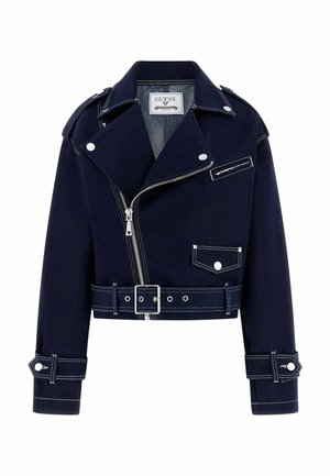 Marineblaue kurze Bikerjacke mit silbernem Reißverschluss, Gürtelschnalle, Druckknopftasche und weißer Kontrastnaht.