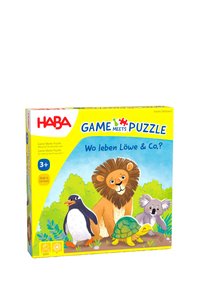 Boîte de puzzle colorée avec un lion, un pingouin, un koala et une tortue sur fond vert. Boîte jaune avec le texte "Le jeu rencontre le puzzle".