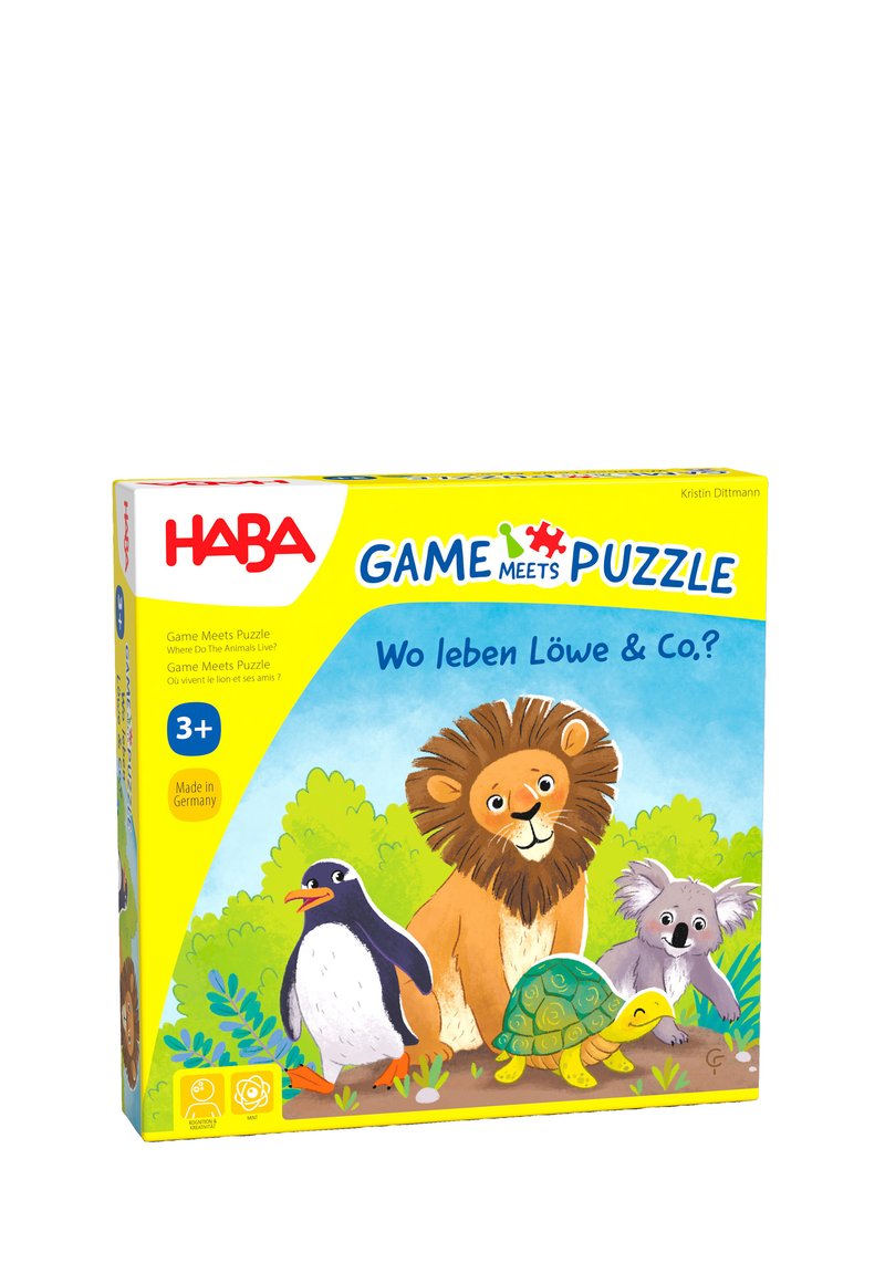 Boîte de puzzle colorée avec un lion, un pingouin, un koala et une tortue sur fond vert. Boîte jaune avec le texte "Le jeu rencontre le puzzle".