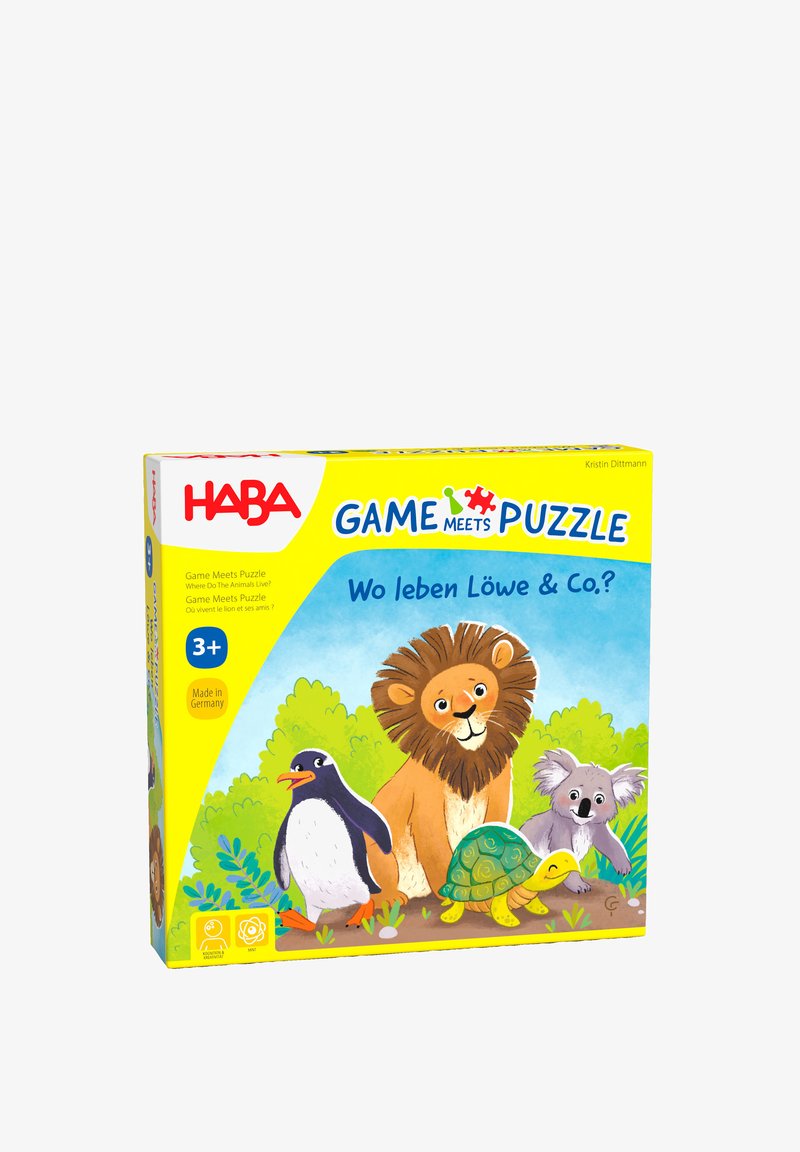 Colorful puzzle box featuring a lion, penguin, koala, and turtle against a green background. Yellow box with "Game Meets Puzzle" text.