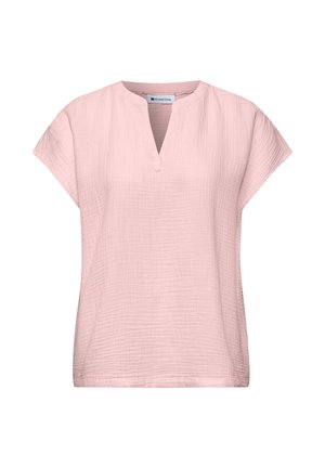 Blusa rosa chiaro a maniche corte con tessuto strutturato e piccolo spacco a V con asola per bottone sul collo.