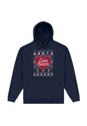 Granatowy polar z kapturem z przednią kieszenią, ozdobiony świąteczną grafiką Misiów Care w czerwonym, szarym i białym wzorze, oraz z regulowanym kapturem.