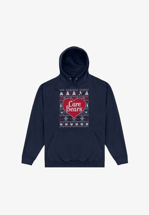 Granatowy polar z kapturem z przednią kieszenią, ozdobiony świąteczną grafiką Misiów Care w czerwonym, szarym i białym wzorze, oraz z regulowanym kapturem.