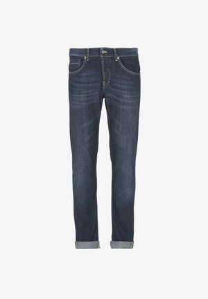 Jeans in denim blu scuro con taglio dritto, dotati di una vita con chiusura a bottone, cinque tasche e orli arrotolati.