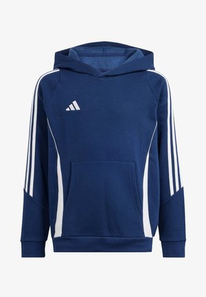 Navy-blauer Kapuzenpullover aus Fleece mit einer vorderen Kängurutasche, weißen Seitenstreifen und einem kleinen weißen Logo im Brustbereich.