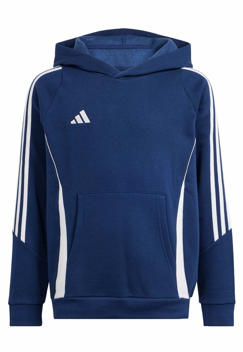 Navy-blauer Kapuzenpullover aus Fleece mit einer vorderen Kängurutasche, weißen Seitenstreifen und einem kleinen weißen Logo im Brustbereich.