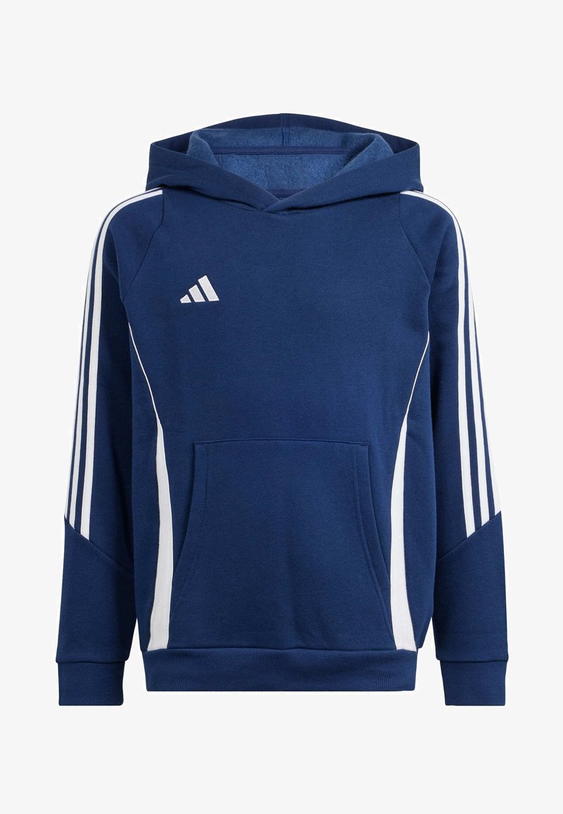 Navy-blauer Kapuzenpullover aus Fleece mit einer vorderen Kängurutasche, weißen Seitenstreifen und einem kleinen weißen Logo im Brustbereich.