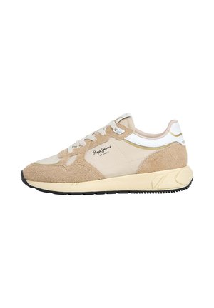Beige sneaker met suède en leren materialen, witte accenten, een ronde vorm, veters en een gestructureerde rubberen zool.