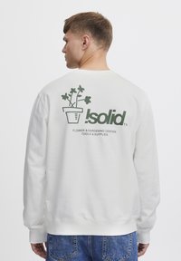 Hvit hettegenser med et grønt grafisk trykk av en pottest plante og tekst på baksiden, med ribbestrikkede mansjetter og nederkant.