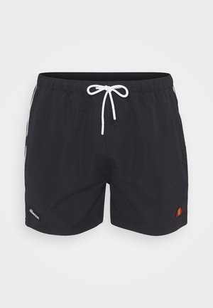 Fekete úszónadrág könnyű anyagból, oldalcsíkokkal, húzózsinóros derékkal és egy kis színes logóval a bal lábon.