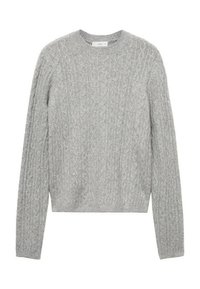 Svetle šedý pletený svetr s žebrovanou texturou, kulatým výstřihem a dlouhými rukávy, s celoplošným vzorem z copánkového pletení.