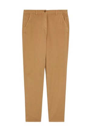 Pantaloni kaki a gamba dritta con tasche anteriori, passanti per cintura e chiusura con bottone su sfondo bianco.