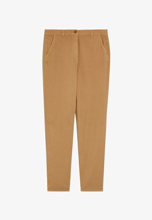 Pantaloni kaki a gamba dritta con tasche anteriori, passanti per cintura e chiusura con bottone su sfondo bianco.