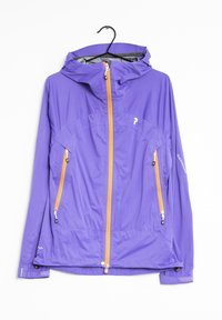 Veste légère violette avec une capuche zippée, des accents de fermeture éclair orange, deux poches avant et des poignets élastiques. Convient pour les activités en plein air.