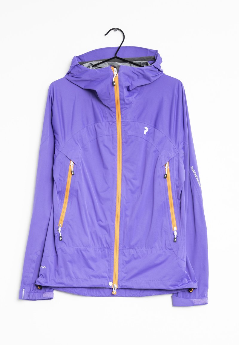 Veste légère violette avec une capuche zippée, des accents de fermeture éclair orange, deux poches avant et des poignets élastiques. Convient pour les activités en plein air.