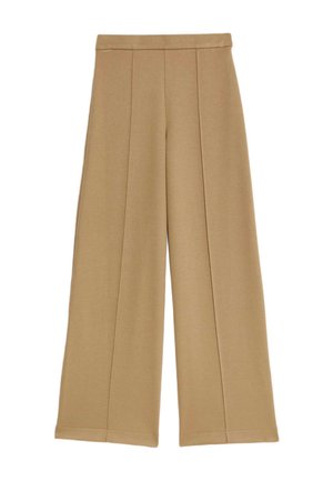 Helle, weite Beigt-Hosen mit Pressfalten und hohem Bund, auf einem weißen Hintergrund präsentiert.