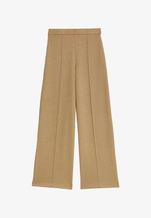 Beige široké kalhoty s zažehlenými předními záhyby a vysokým pasem, vystavené na bílém pozadí.