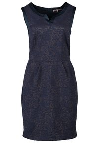 Námořnické modré krajkové šaty s přiléhavým střihem, kulatým výstřihem a saténovými detaily. Obsahují květinový vzor a dvě diskrétní boční kapsy.