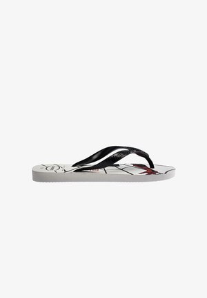 Infradito bianco con cinturini neri testurizzati e design astratto rosso e nero sulla suola, mostrato di lato su sfondo bianco.