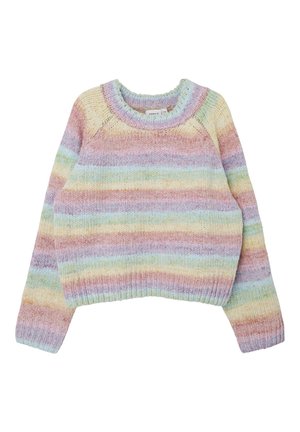 Dziecięcy sweter dziany z długimi rękawami, ściągaczami na mankietach i kołnierzu, ozdobiony poziomymi pastelowymi paskami w kolorze fioletowym, różowym, żółtym, zielonym i niebieskim.
