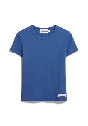 Blaues T-Shirt mit kurzen Ärmeln aus Baumwolle, mit Rundhalsausschnitt, gerippter Textur und einem kleinen Logosticker am unteren Saum.