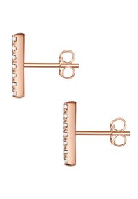 Rosa zelta auskari ar horizontālu joslu dizainu, rotāti ar mazām skaidrām akmeņiem vienā pusē, piestiprināti pie stieņa ar tauriņu aizmugurēm.